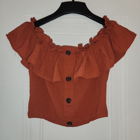 LOVE LETTER COLLECTION boho cropped off shoulder top Cottagecore Burnt Orange - Picture 2 of 8